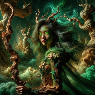 The primary subject of the image is a woman with green hair, dressed in a green outfit, and holding a bow. She is surrounded by a forest setting, which includes trees and clouds in the background. The visual style of the image is a combination of photo and digital art, creating a unique and intriguing scene. The colors in the image are predominantly green, which adds to the overall mood and atmosphere of the scene.